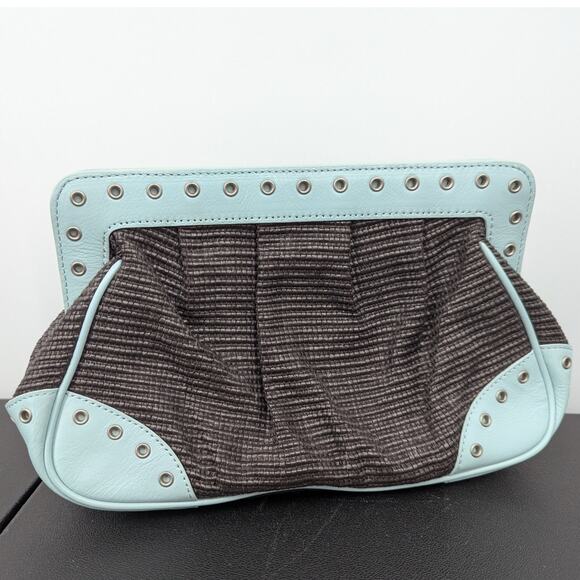 VTG Y2K Kate Landry Matching Handbag & Clutch Set Brown Woven Blue Leather Trim - Picture 10 of 14